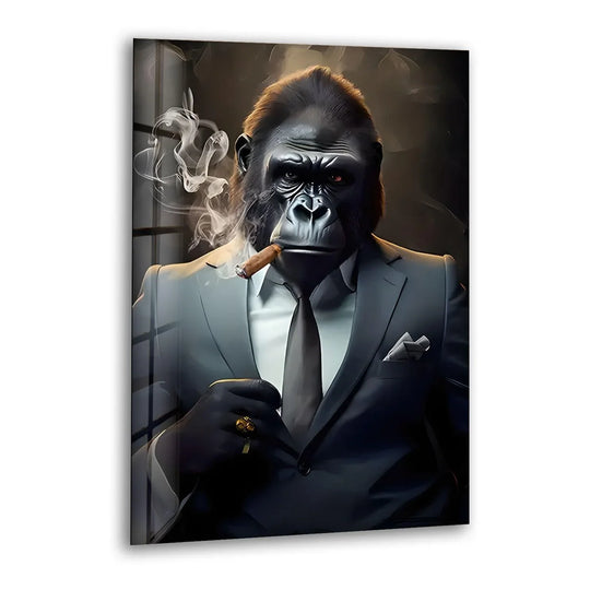 A distinguished gorilla in a suit, captured on premium glass printing, exudes power and sophistication.