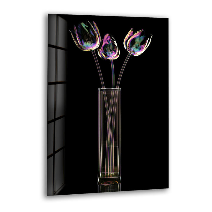 Iridescent Tulips Wall Art – Modern Floral Glass Print with Vase