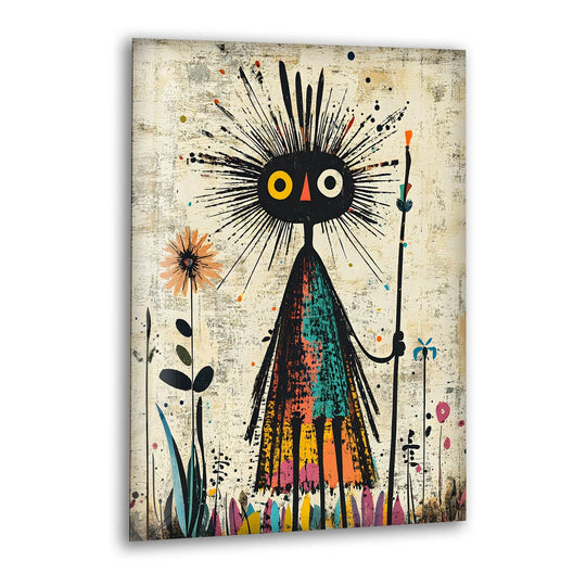 African Figure Paint Glass Wall Art features a whimsical black creature with a spiky head and colorful dress, framed by a textured, off-white border, perfect for home decor.