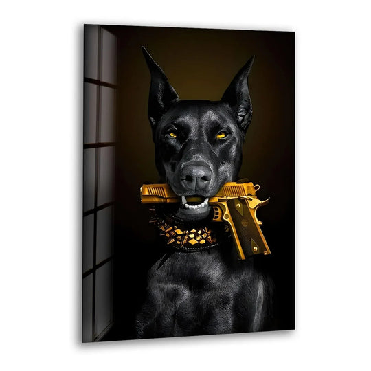 A black Doberman with a golden gun and spiked collar on a stunning glass wall art piece, perfect for home decor.