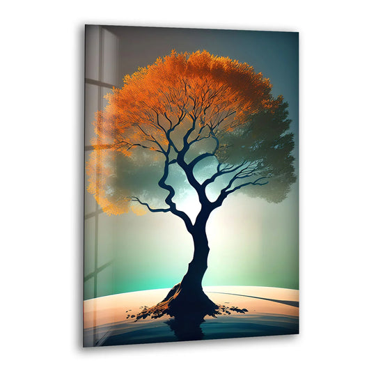 Minimalist Tree of Life Wall Art – Orange Crown Glass Print Design - MyPhotoStation