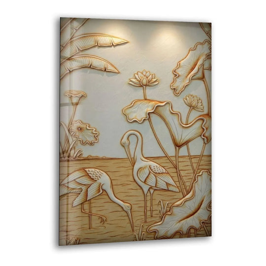 This warm-toned glass wall artwork depicts serene storks amidst lotus blooms, capturing a tranquil golden hour ambiance.