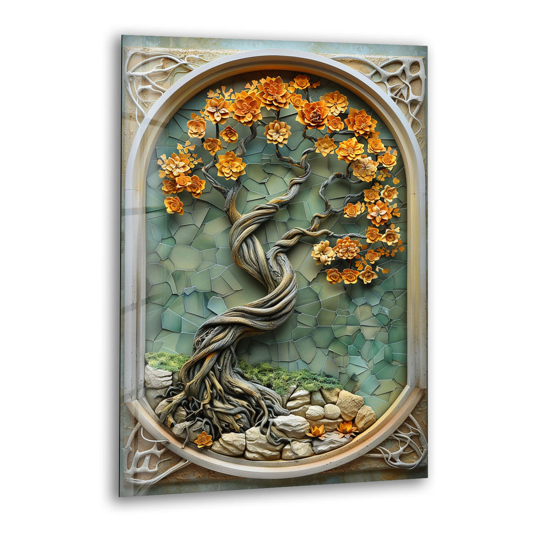 Stained Tree Orange Details Flower Glass Wall Art print picture on glass, Tempered Glass Wall Art
