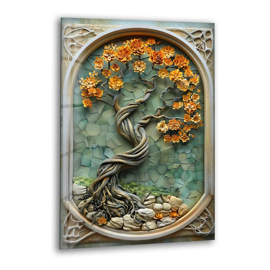 A stained glass wall art decor piece featuring delicately soft orange flowers and a intricately twisted tree trunk.