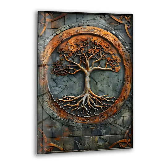 Copper design tree glass wall art showcases a central, ornately detailed tree with outstretched roots as unique modern wall decor.