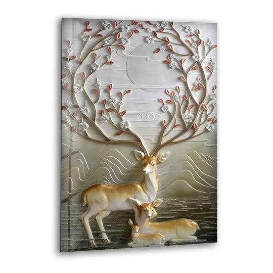 Majestic deer family glass wall art with flowering branches, a serene focal point for any home.