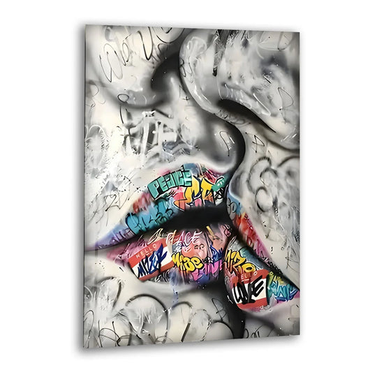 A close-up on the softest element, the lips, is vividly depicted on this graffiti lips black and white glass wall art.