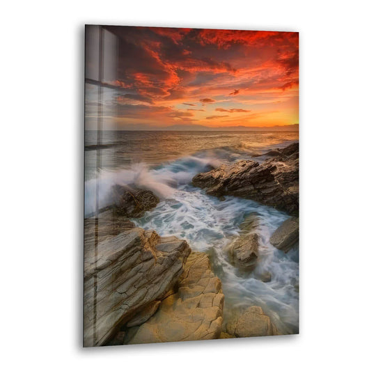 Rocky Coast Sunset Wall Art – Dramatic Ocean Wave Glass Print Design - MyPhotoStation