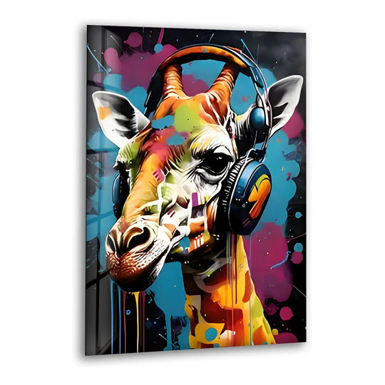 Vibrant glass art painting showcases a giraffe with headphones in richly saturated blues, pinks, and yellows against a dark, splattered background.