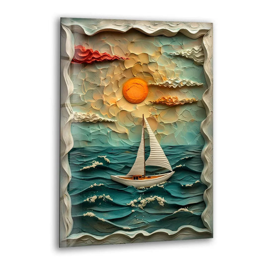 A solitary sailboat navigates the textured, choppy sapphire waves under a vibrant orange sunset, perfect for wall prints.