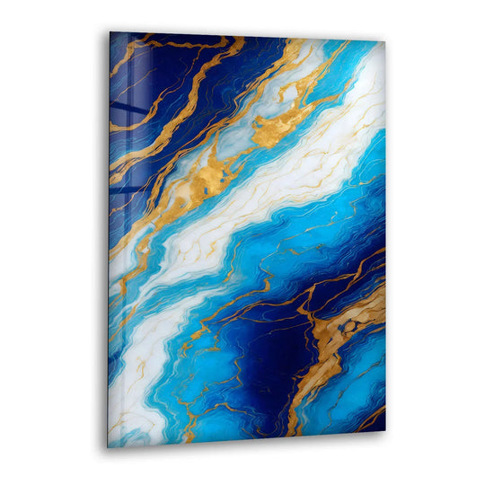 Blue Marble and Gold Wall Art – Glossy Glass Print with White and Gold Veins for Sophisticated Modern Interiors - MyPhotoStation