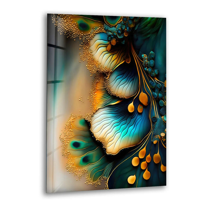 Teal Gold Abstract Floral Glass Wall Art – Elegant Botanical Flow Design - MyPhotoStation