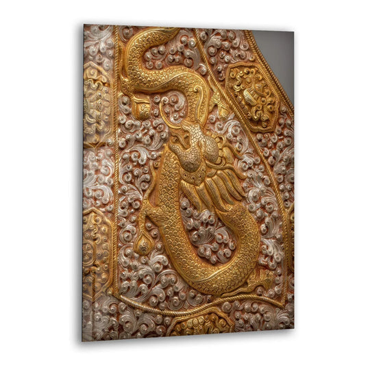 A golden dragon emerges from intricate, layered metallic and copper-toned designs in this print wall art.