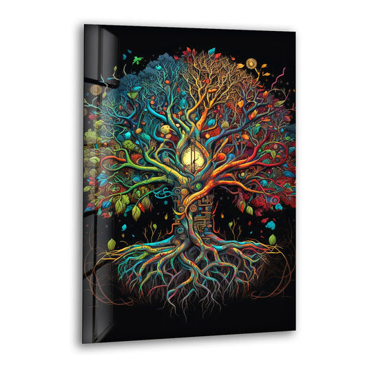 Colorful Tree of Life Wall Art – Illuminated Fantasy Roots Glass Print - MyPhotoStation