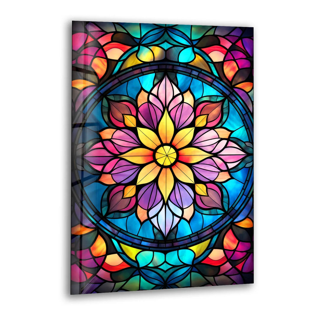Radiant Mandala Flower Wall Art – Multicolor Glass Print with Stained Glass Design for Spiritual and Artistic Interiors - MyPhotoStation