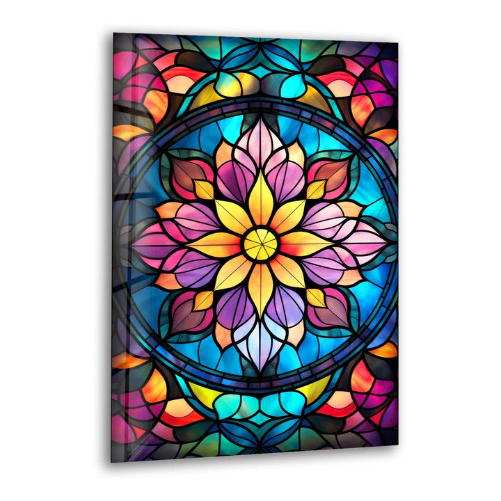 Radiant Mandala Flower Wall Art – Multicolor Glass Print with Stained Glass Design for Spiritual and Artistic Interiors - MyPhotoStation