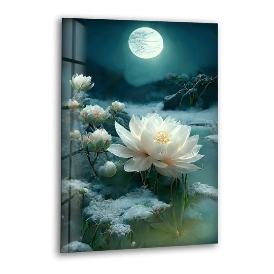 Moonlit White Lotus Glass Wall Art – Tranquil Floral Design with Ethereal Night Glow - MyPhotoStation