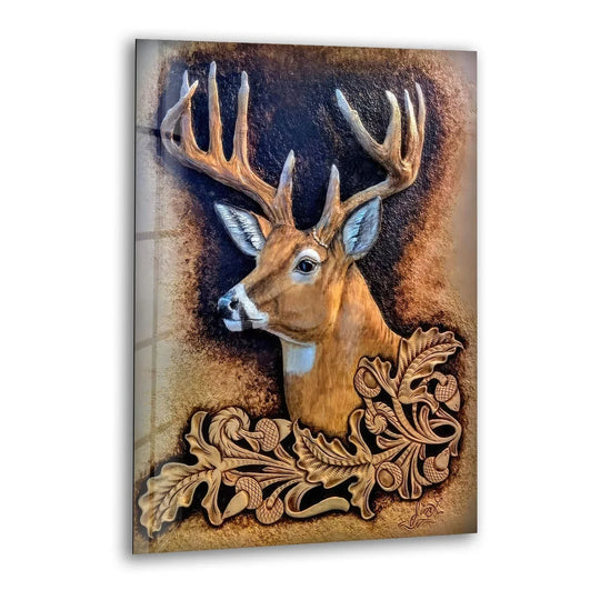 Bright highlights illuminate the detailed antlers of this majestic deer portrait glass art painting.