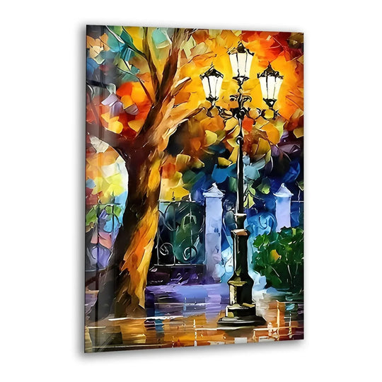 An impressionistic oil painting art piece captures a vibrant autumn tree and ornate lamppost in bold, colorful strokes.