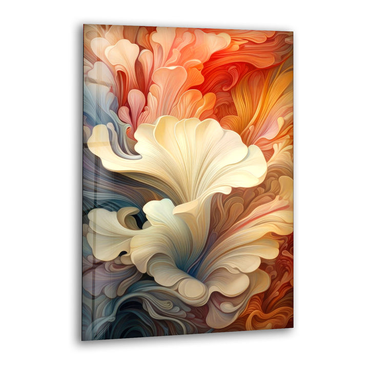 Abstract Floral Swirl Wall Art – Elegant Beige and Coral Glass Print for Modern Interiors