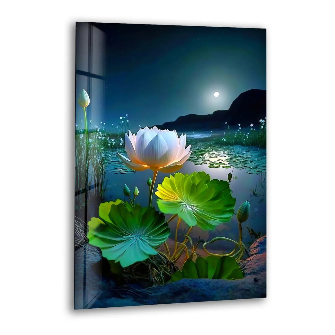 Moonlit Lotus Flower Glass Wall Art – Serene Night Lake Scene for Tranquil Home Decor - MyPhotoStation