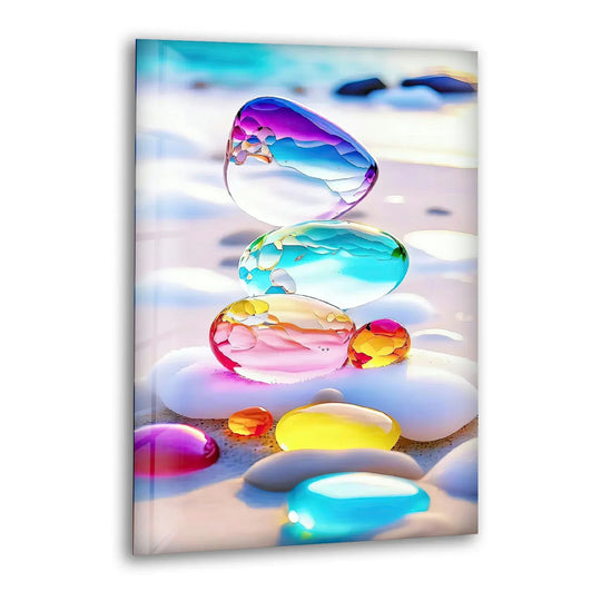 Canvas wall art depicting a sandy shore with gentle aqua ocean waves and smooth dark rocks.