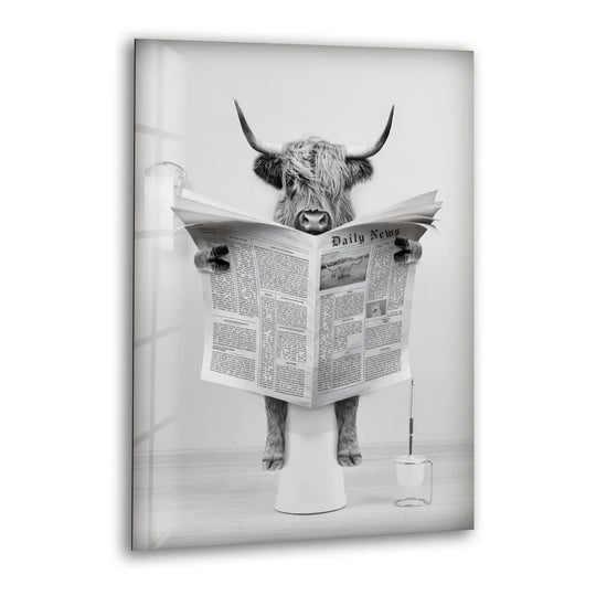Funny Highland Cow Reading Newspaper Wall Art – Black and White Glass Print for Bathroom Humor Decor - MyPhotoStation