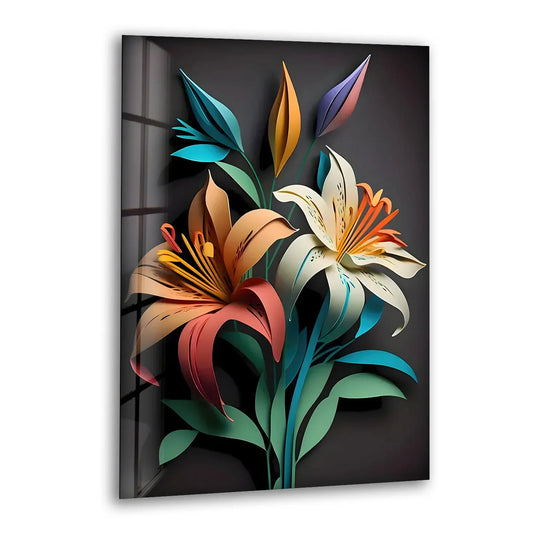 A dark, moody background provides a dramatic contrast to this vivid tempered glass wall art featuring abstract flowers.