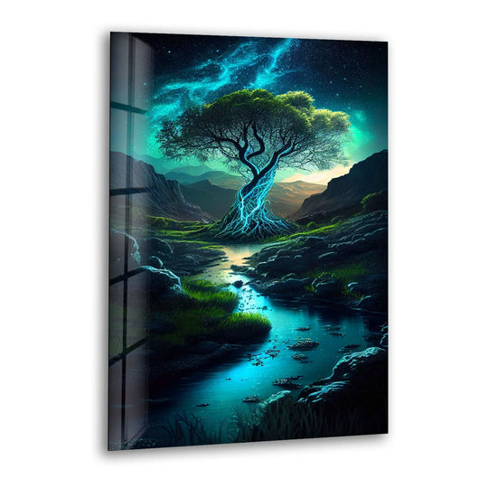 Glass wall art showcases a mystical glowing tree with vibrant aqua aurora and a serene night stream.