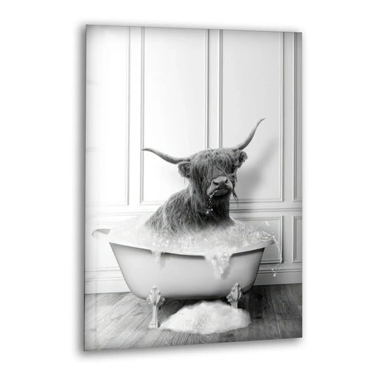 Highland Cow Bubble Bath Wall Art – Funny Black and White Glass Print for Bathroom Decor - MyPhotoStation