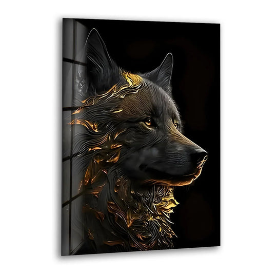 A striking noble black wolf glass art piece on a deep, shadowy black background.