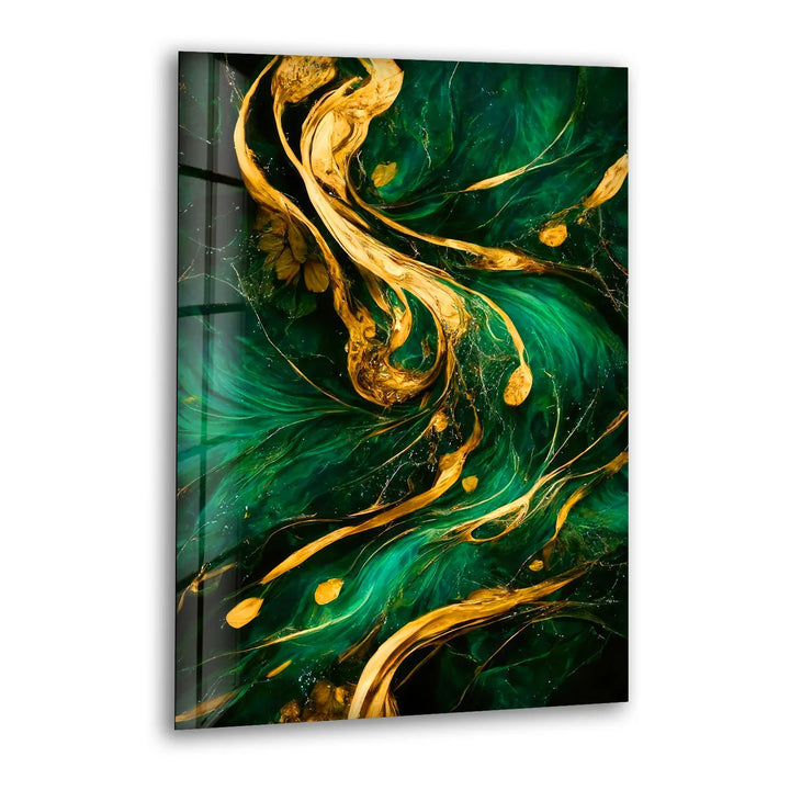 Emerald Gold Abstract Wall Art – Luxurious Glass Print with Flowing Metallic Accents for Elegant and Modern Interiors - MyPhotoStation