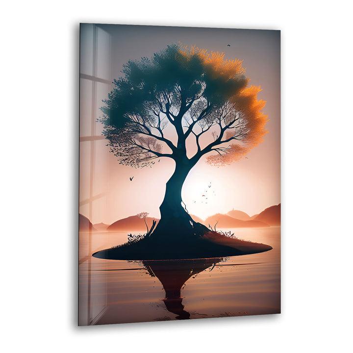 Sonnenuntergang Baum des Lebens Wandkunst – Silhouette Insel Glasdruck Dekor