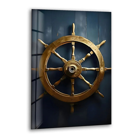 A large golden ship rudder is centered against a deep navy blue wall, creating a nautical theme best glass art.