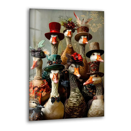 A realistic detail oil painting art piece depicts a family of geese dressed in ornate hats, showcasing intricate feather and fabric textures.