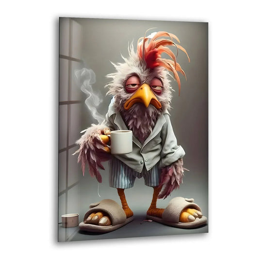 A sleepy rooster clutching a steaming mug appears to stretch, bringing a sense of movement to this hanging wall art.