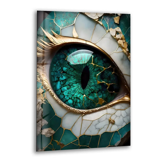Vertical orientation of a reptilian marble green eye as unique modern wall decor.