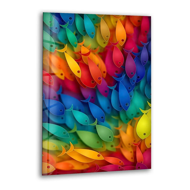 Rainbow Fish Wall Art – Vertical Colorful Glass Print with Vibrant School of Fish Design for Coastal and Playful Interiors - MyPhotoStation