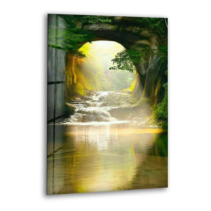 Sunlit Forest Cave Waterfall Glass Wall Art – Serene Nature Landscape Print - MyPhotoStation
