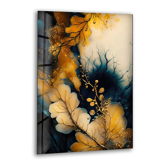 Golden Botanical Abstract Wall Art – Elegant Navy and Gold Glass Print for Luxe Interiors - MyPhotoStation