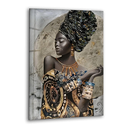 The edge of the African Woman in a Dress glass print wall art features a textured, abstract circular background with visible brushstrokes.