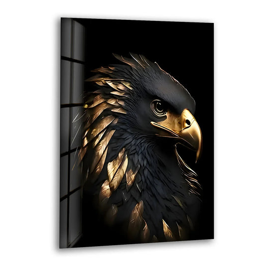 The brightest golden feathers of a majestic black and gold eagle gleam on this captivating glass wall art decor.