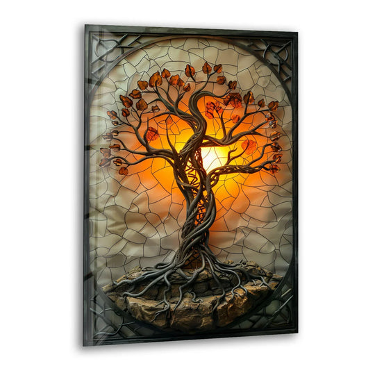 A radiant stained glass tree art piece evokes a mystical, warm mood with its glowing amber sun and intricate roots for home decoration.