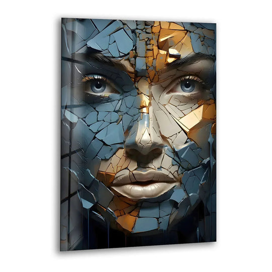 Geometric shards of blue and gold form a cracked female face in this striking decorative wall art.