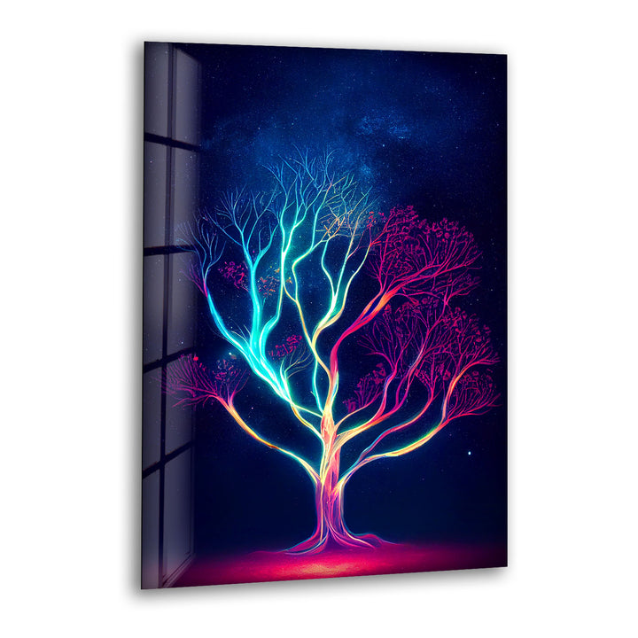 Neonbaum-Wandkunst – Kosmisches Nachtbaum-Glasdruckdesign