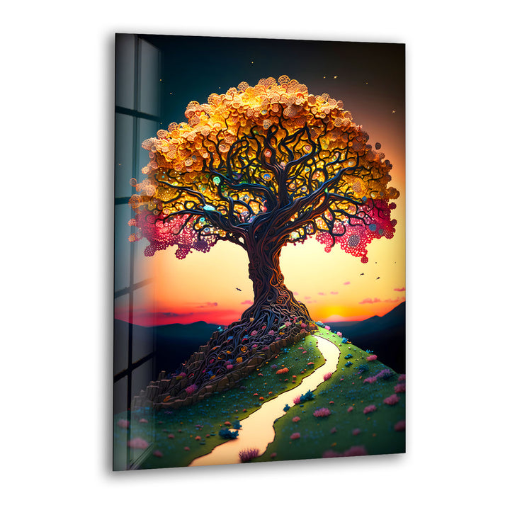 Verträumte Wandkunst mit Lebensbaum – Sonnenuntergangspfad, Fantasy-Glasdruck-Design