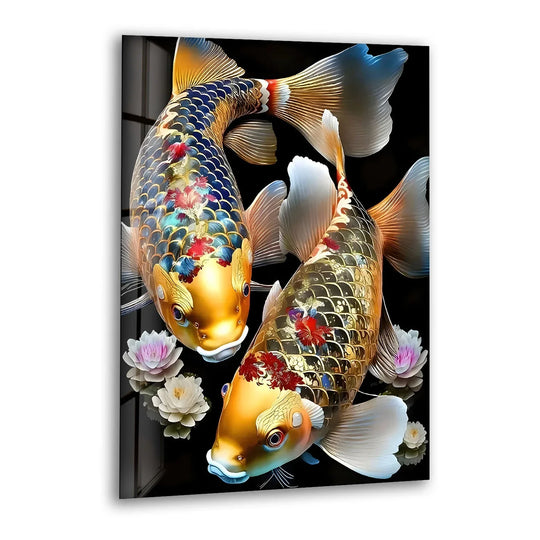 Animal glass wall art golden koi fishes and flower image with elegant harmony and luxurious finish