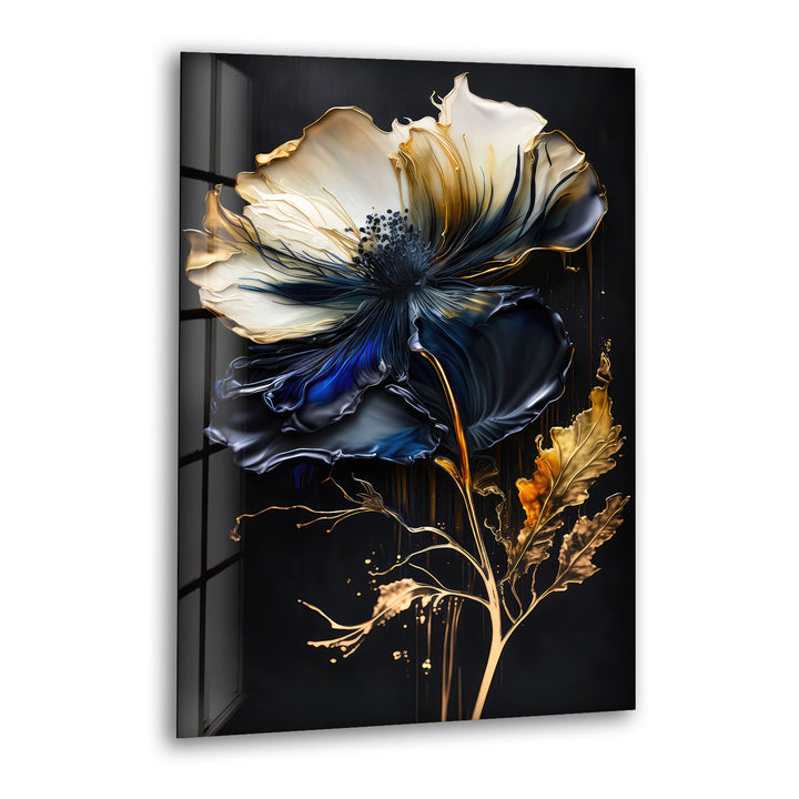Blue and Gold Floral Wall Art – Elegant Dark Botanical Glass Print for Modern Luxury Decor