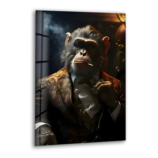 A distinguished monkey in a suit smokes a cigarette, illuminated by dim light against the dark backdrop, featured in this print wall art.