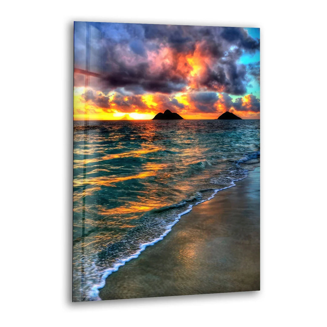 Tropical Sunset Beach Scene – Ocean Wave Glass Wall Art with Island Silhouette - MyPhotoStation